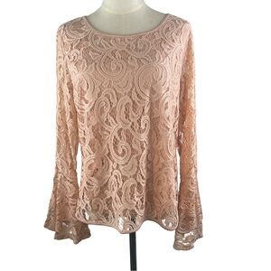 Adrianna Papell Women’s Lace Floral Peach Long Sleeve Lined Blouse Size L